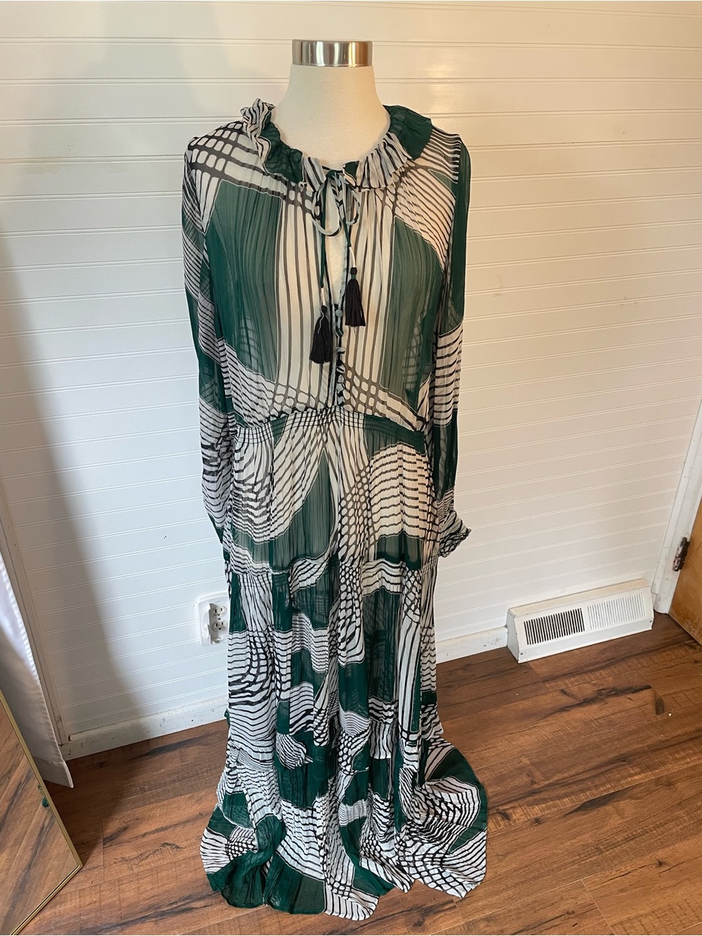 Anthropologie The Marais Printed Chiffon Maxi Dress Size Medium Green Black - Picture 5 of 10